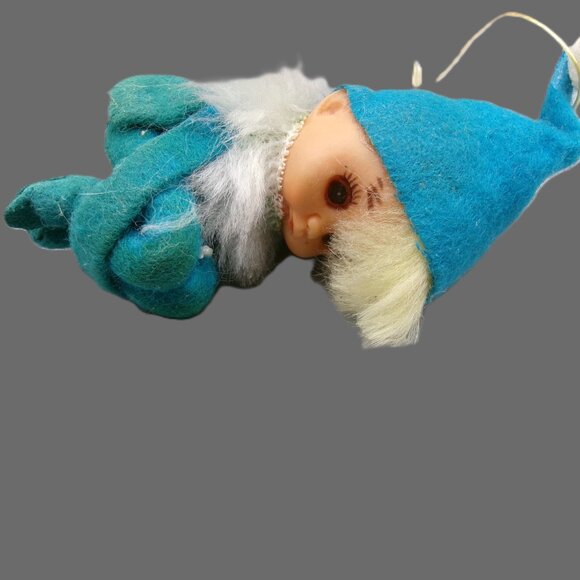 Vintage Blue Pixie Knee Hugger Elf with Hair, Christmas Ornament - Picture 6 of 8